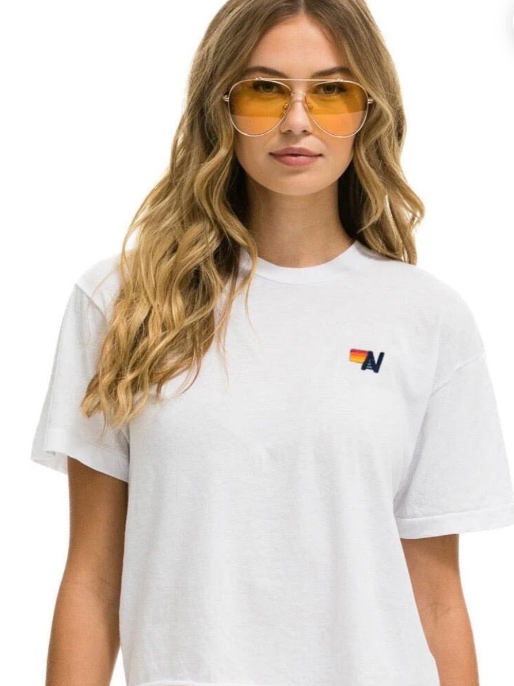 Aviator Nation White Short Sleeve Logo Tee with Sunset Patch- made in the USA